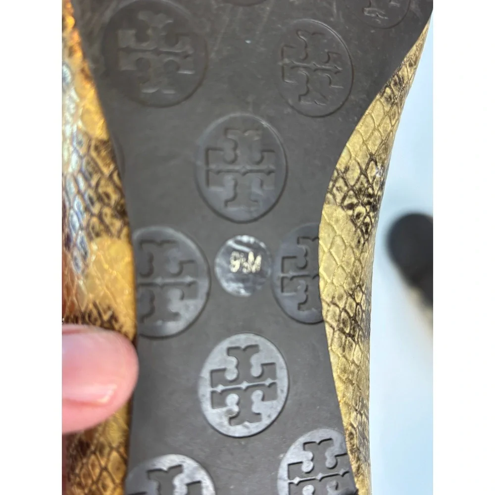 Tory Burch Reva Ballet Flats Gold Snakeskin Women 9.5 Metallic Logo Medallion